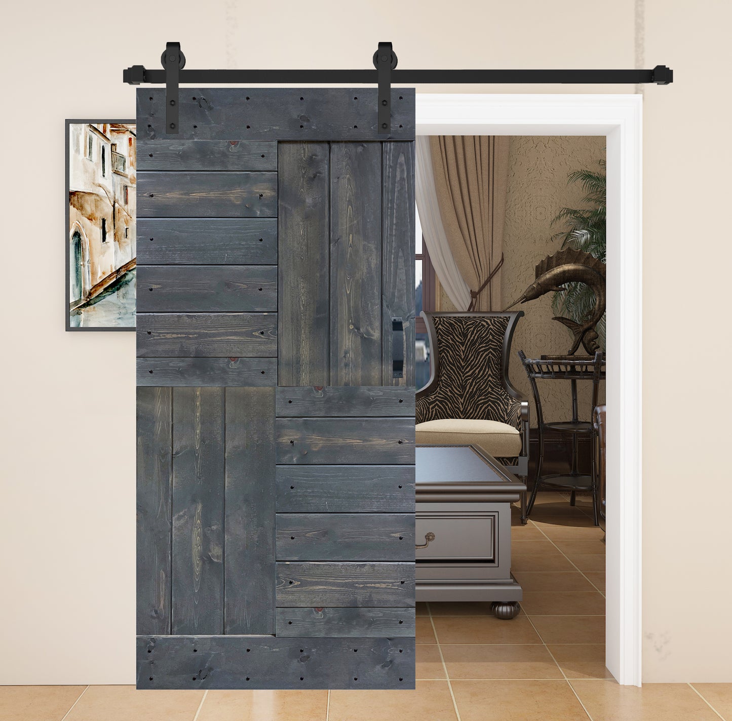 S Style Finished Single Sliding Barn Door With Hardware Kit (Assembly Needed)(Custom Size Avalaible)